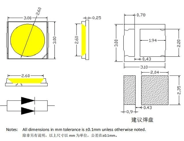 SMD 3030 LED Warm White 3000k 170lm/w